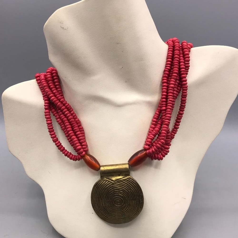 Vintage Multi Strand Red Seed Bead Necklace Brass Spiral Medallion Pendant 18in
